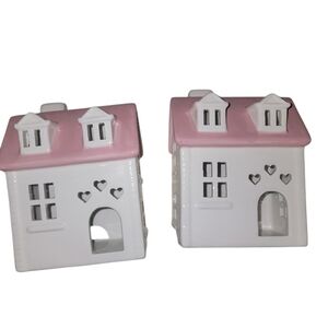 (2) Spritz Valentine Ceramic House Cottage Decoration Votive Pink/White 6" New